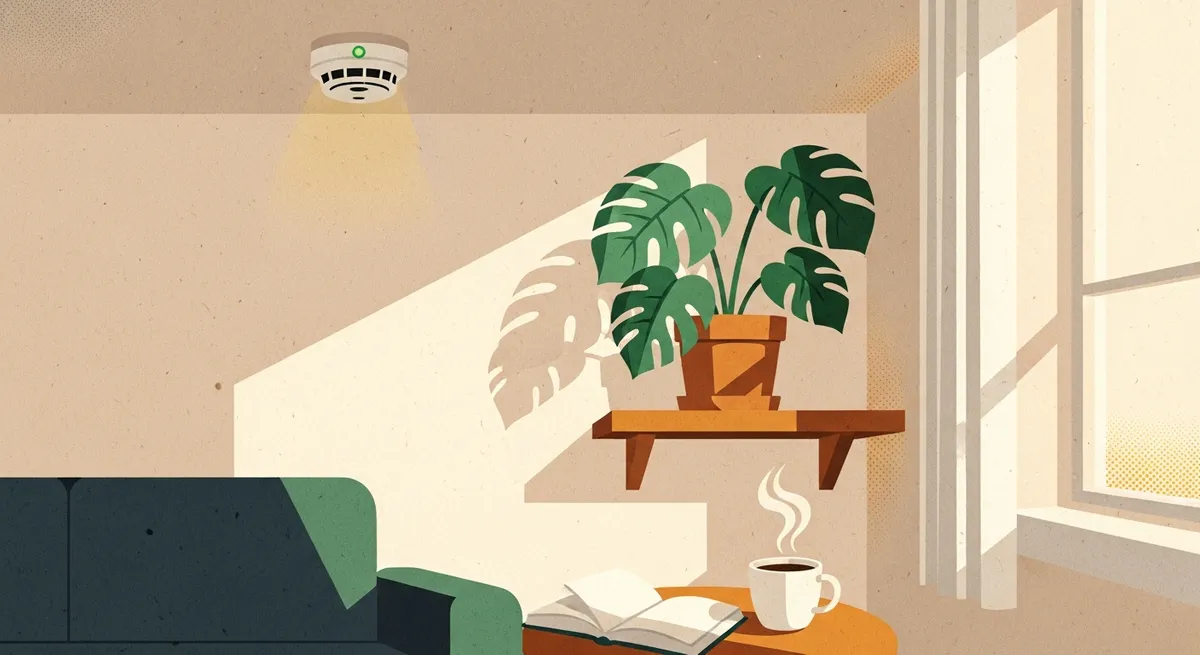 Calm living room at dawn — smoke detector on ceiling with green light, monstera plant, steaming coffee. System is watching.