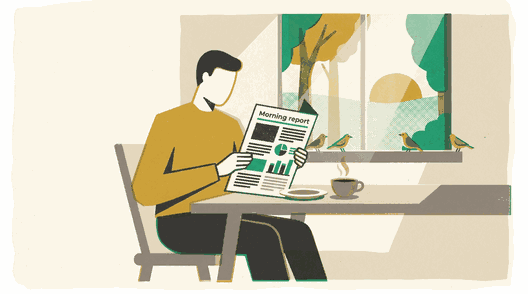 Person reading a morning report at a breakfast table, small birds on the windowsill