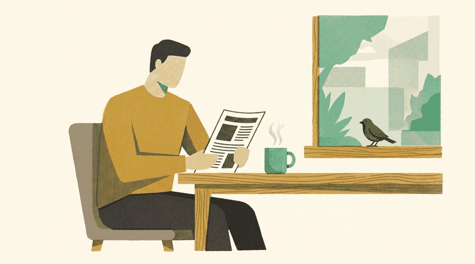 Person reading a report at a breakfast table in morning light, a small bird watching from the windowsill