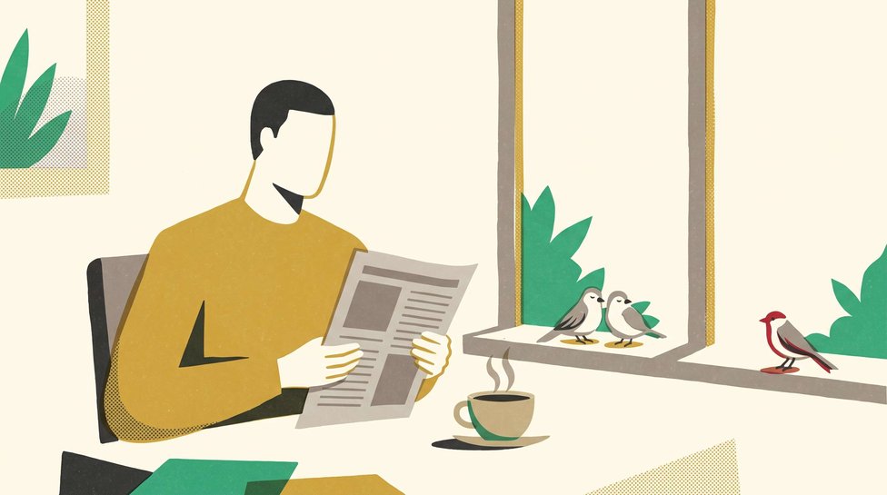 A person reading a report at a breakfast table; two birds perched together on the windowsill, one apart facing the other way