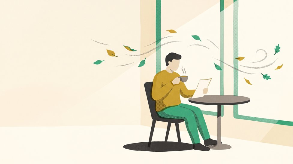 A person having tea by a window while wind blows leaves in two directions outside; BTC held $64K-$67K all week