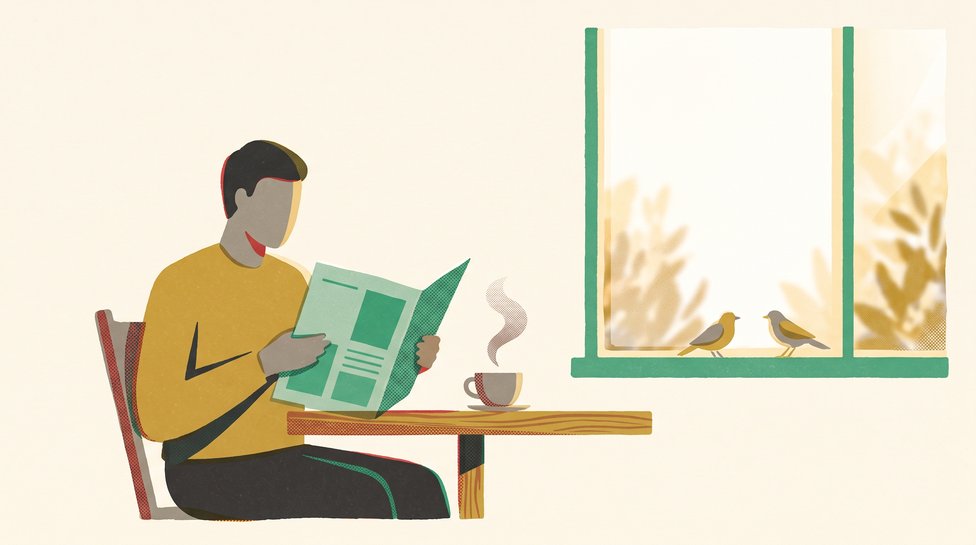 A person calmly reading a report with coffee by a window while two birds watch; BTC's daily signal flipped a third time this month